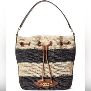 NWT Ralph Lauren Andie Raffia Straw Medium Drawstring Bag  NATURAL/BLACK/LAUREN